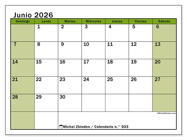 Calendario de junio de 2026 para imprimir - Organización viva - Semana de domingo a sábado