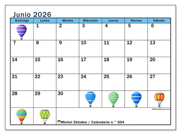 Calendario de junio de 2026 para imprimir - Globos aerostáticos - Semana de domingo a sábado