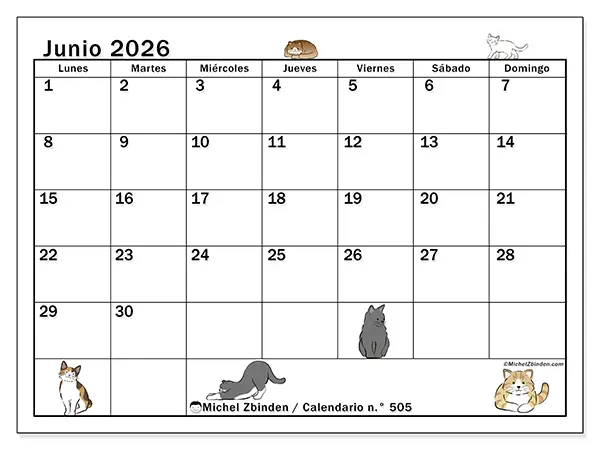 Calendario de junio de 2026 para imprimir - Vida de gato