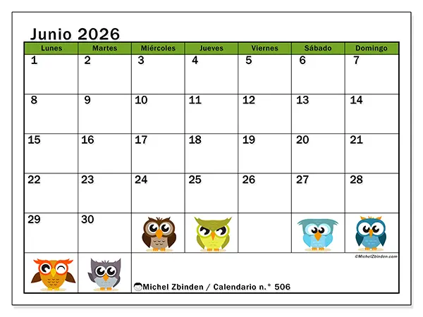 Calendario de junio de 2026 para imprimir - Búhos divertidos