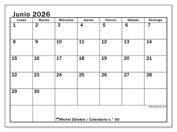 Calendario de junio de 2026 para imprimir - Planificación óptima