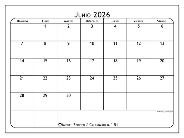 Calendario de junio de 2026 para imprimir - Planificador de comidas - Semana de domingo a sábado