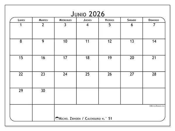 Calendario de junio de 2026 para imprimir - Planificador de comidas