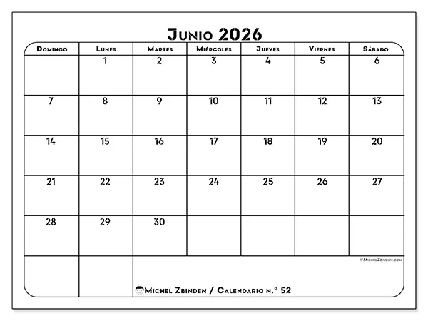 Calendario de junio de 2026 para imprimir - Organización profesional - Semana de domingo a sábado