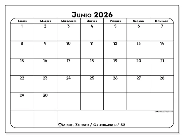 Calendario de junio de 2026 para imprimir - Organización profesional