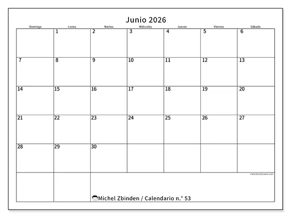 Calendario de junio de 2026 para imprimir - Horario eficiente - Semana de domingo a sábado