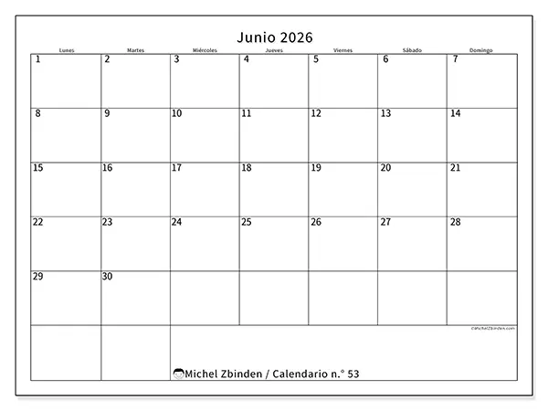 Calendario de junio de 2026 para imprimir - Horario eficiente