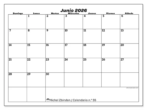 Calendario de junio de 2026 para imprimir - Organización del ocio - Semana de domingo a sábado