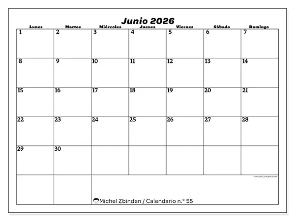 Calendario de junio de 2026 para imprimir - Organización del ocio
