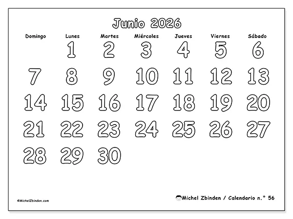 Calendario de junio de 2026 para imprimir - Colorear útil - Semana de domingo a sábado