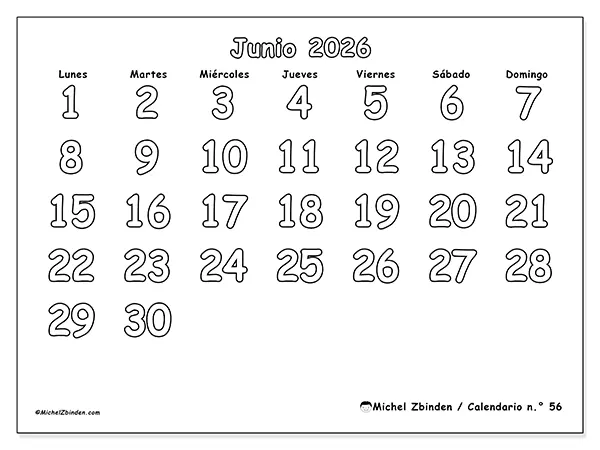 Calendario de junio de 2026 para imprimir - Colorear útil