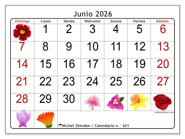 Calendario de junio de 2026 para imprimir - Flores grandes - Semana de domingo a sábado