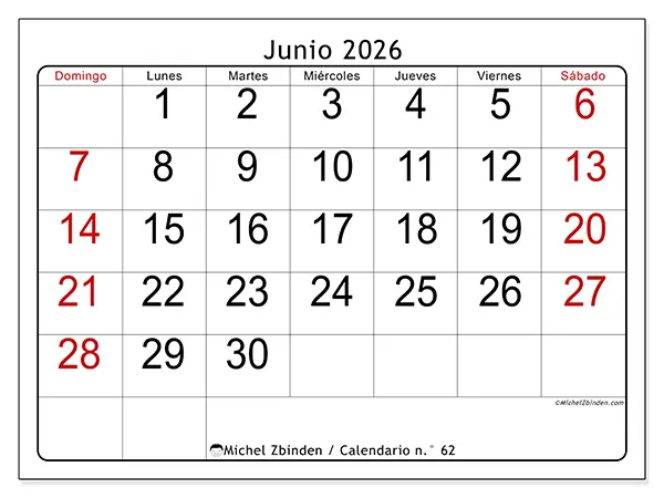 Calendario de junio de 2026 para imprimir - Lectura rápida - Semana de domingo a sábado