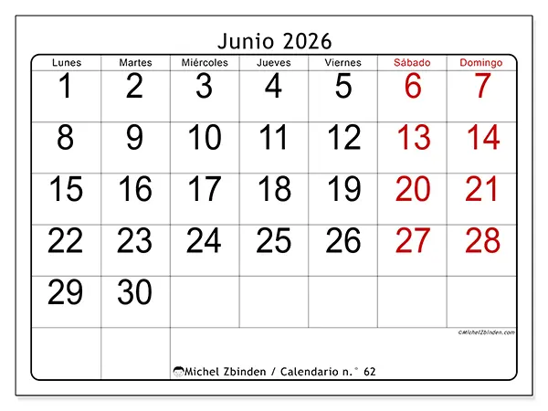 Calendario de junio de 2026 para imprimir - Lectura rápida