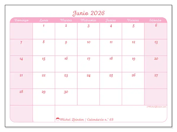 Calendario de junio de 2026 para imprimir - Organización en suavidad - Semana de domingo a sábado