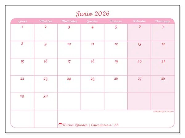 Calendario de junio de 2026 para imprimir - Organización en suavidad
