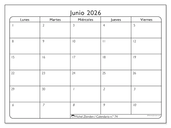 Calendario de junio de 2026 para imprimir - Organización del trabajo