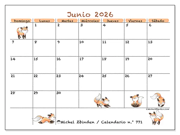 Calendario de junio de 2026 para imprimir - Dibujos de zorros - Semana de domingo a sábado