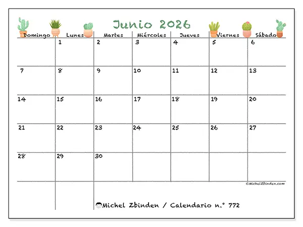 Calendario de junio de 2026 para imprimir - Cactus decorativos - Semana de domingo a sábado