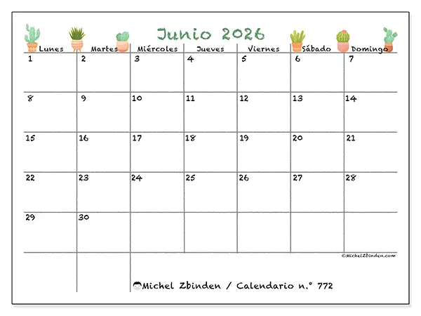 Calendario de junio de 2026 para imprimir - Cactus decorativos