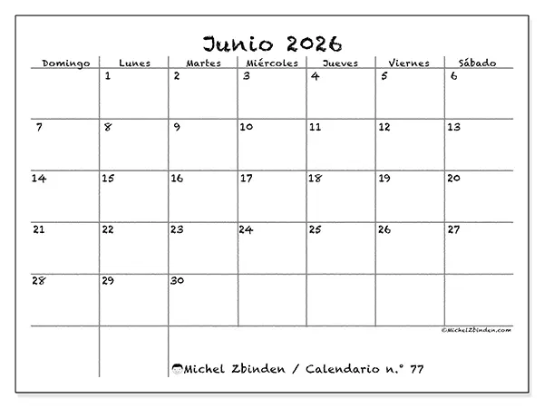Calendario de junio de 2026 para imprimir - Escuela y familia - Semana de domingo a sábado