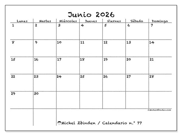 Calendario de junio de 2026 para imprimir - Escuela y familia