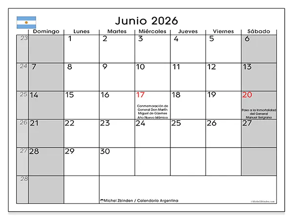 Calendario de junio de 2026 para imprimir - Argentina