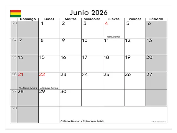 Calendario de junio de 2026 para imprimir - Bolivia