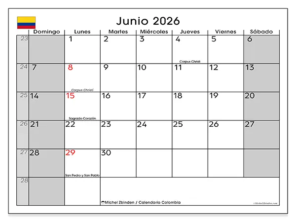 Calendario de junio de 2026 para imprimir - Colombia