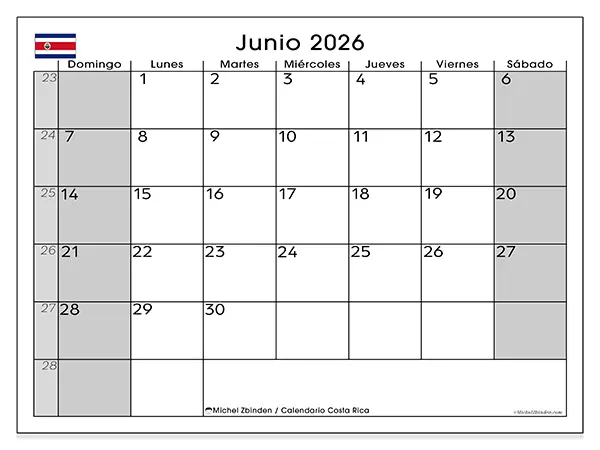 Calendario de junio de 2026 para imprimir - Costa Rica