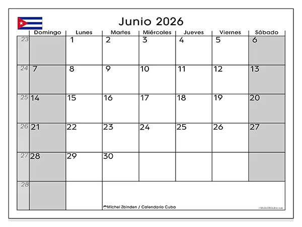 Calendario de junio de 2026 para imprimir - Cuba