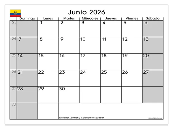 Calendario de junio de 2026 para imprimir - Ecuador