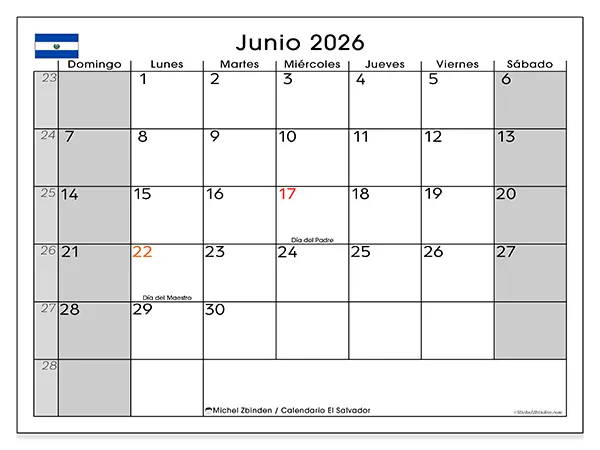 Calendario de junio de 2026 para imprimir - El Salvador