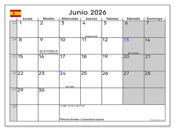 Calendario de junio de 2026 para imprimir - España