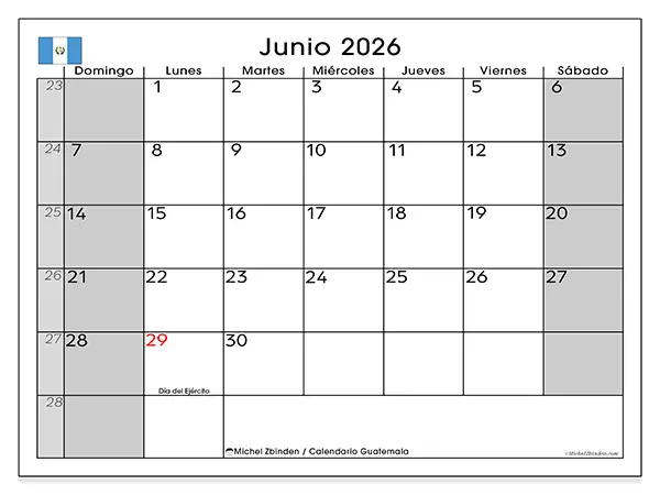 Calendario de junio de 2026 para imprimir - Guatemala