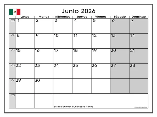 Calendario de junio de 2026 para imprimir - México