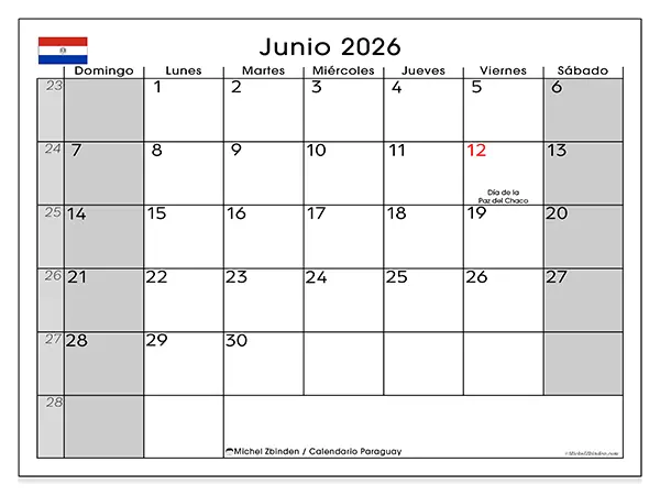 Calendario de junio de 2026 para imprimir - Paraguay