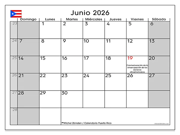 Calendario de junio de 2026 para imprimir - Puerto Rico