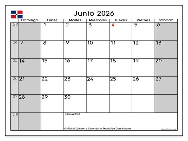 Calendario de junio de 2026 para imprimir - República Dominicana