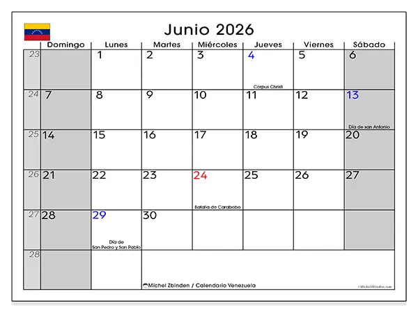 Calendario de junio de 2026 para imprimir - Venezuela