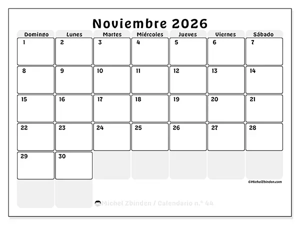 Calendario de noviembre de 2026 para imprimir - Planificación estructurada - Semana de domingo a sábado