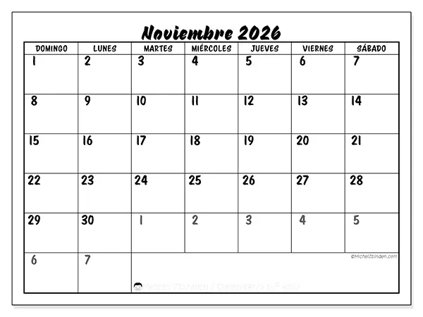 Calendario de noviembre de 2026 para imprimir - Organización detallada - Semana de domingo a sábado
