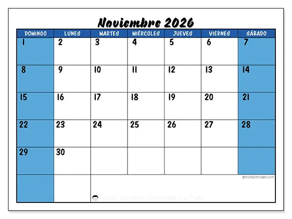 Calendario de noviembre de 2026 para imprimir - Organización dinámica - Semana de domingo a sábado
