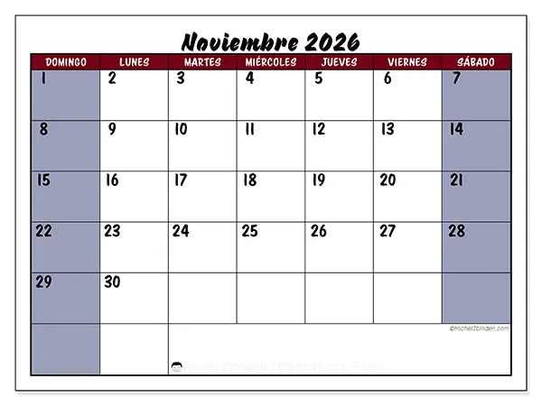 Calendario de noviembre de 2026 para imprimir - Productividad en color - Semana de domingo a sábado