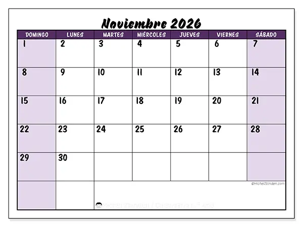 Calendario de noviembre de 2026 para imprimir - Eficiencia colorida - Semana de domingo a sábado