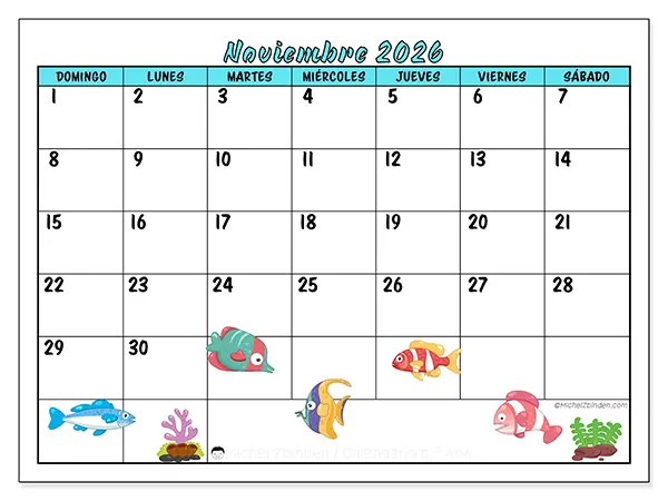 Calendario de noviembre de 2026 para imprimir - Peces coloridos - Semana de domingo a sábado