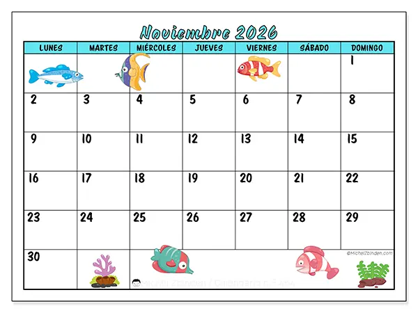 Calendario de noviembre de 2026 para imprimir - Peces coloridos