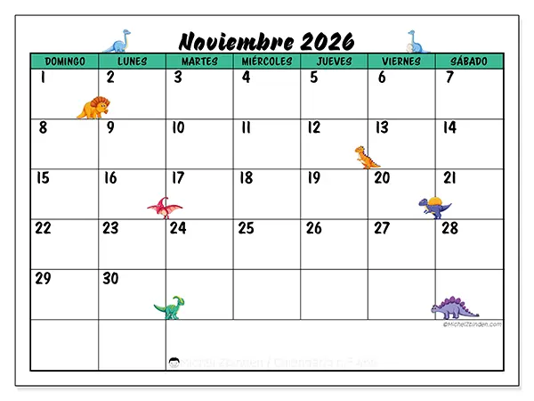 Calendario de noviembre de 2026 para imprimir - Pequeños dinosaurios - Semana de domingo a sábado