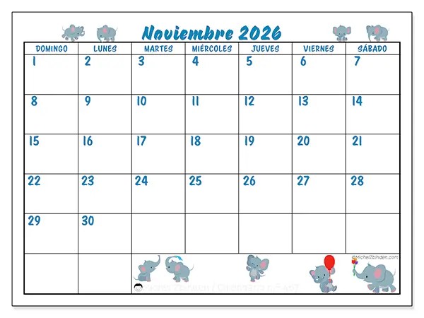 Calendario de noviembre de 2026 para imprimir - Pequeños elefantes - Semana de domingo a sábado