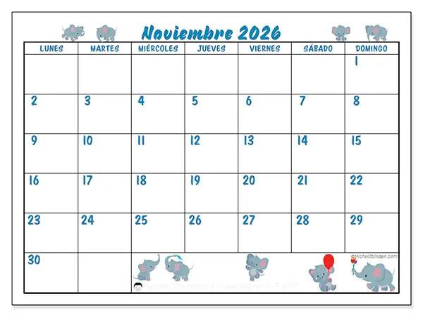Calendario de noviembre de 2026 para imprimir - Pequeños elefantes